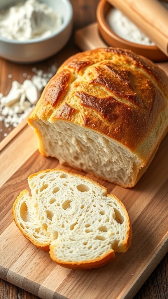 A golden-brown loaf of homemade bread on a wooden board with slices cut, showing its fluffy interior.
